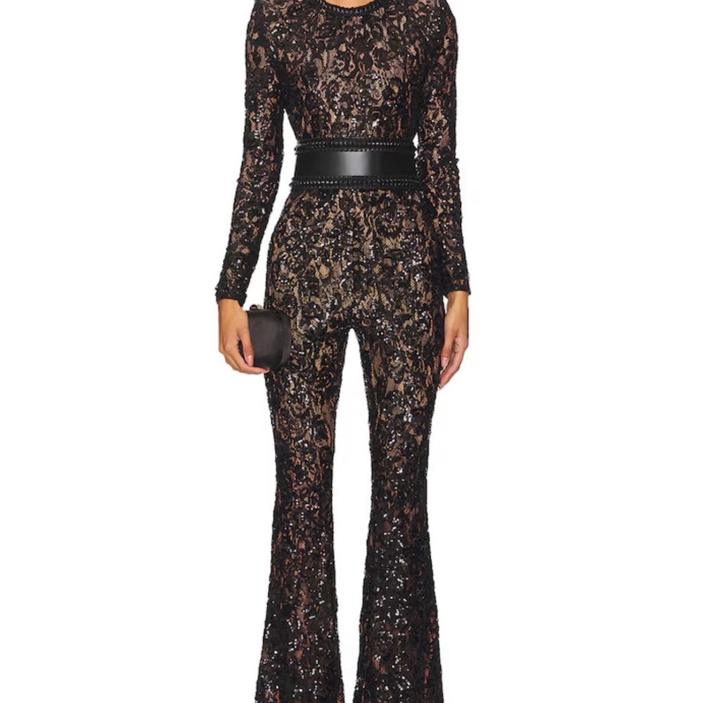 NADINE MERABI Bella Black Sequin Lace Jumpsuit in S/M